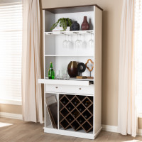 Baxton Studio SEWC16006WI-White/Columbia Serafino Mid-Century Modern Dark Grey and Oak Finished Wood Wine Cabinet